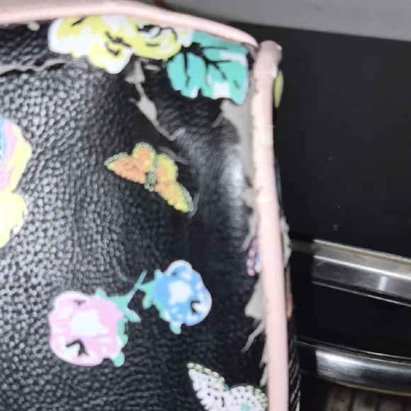 Betsey Johnson Black Floral Satchel with Pink Handles & Bow - Picture 7 of 9